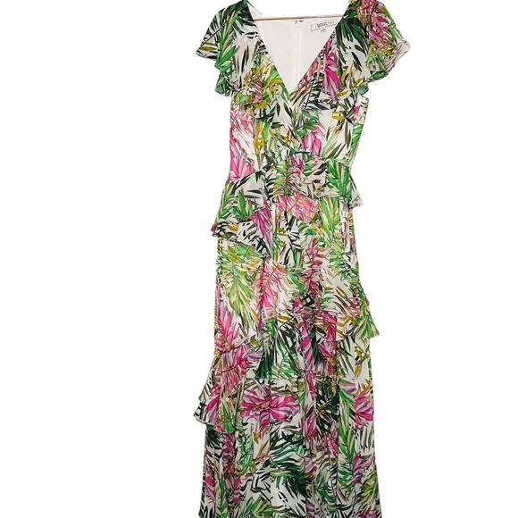 Badgley Mischka Palm Print Ruffle Pink Green Maxi Dress Size 4 - Picture 5 of 16